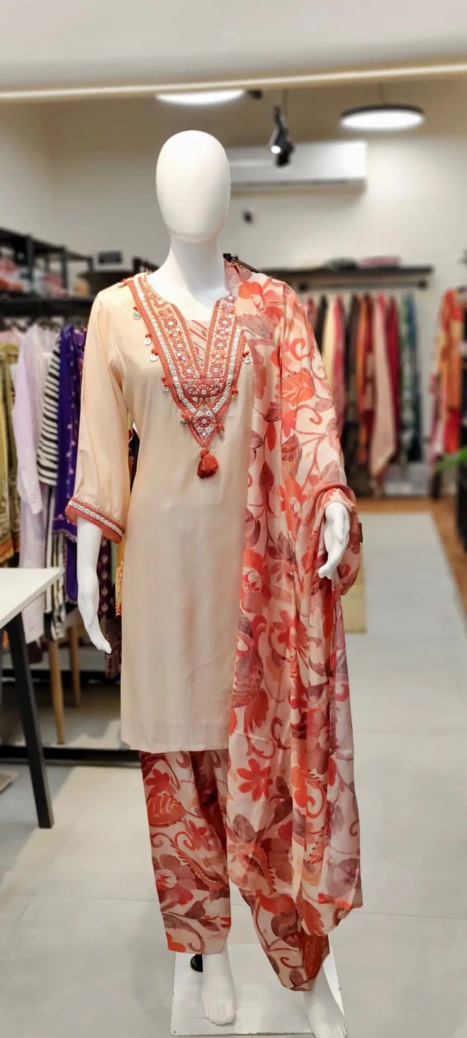 Butter Muslin Farshi Salwar Set with Boho Neck Embroidery & Digital Print Dupatta Reyshaa