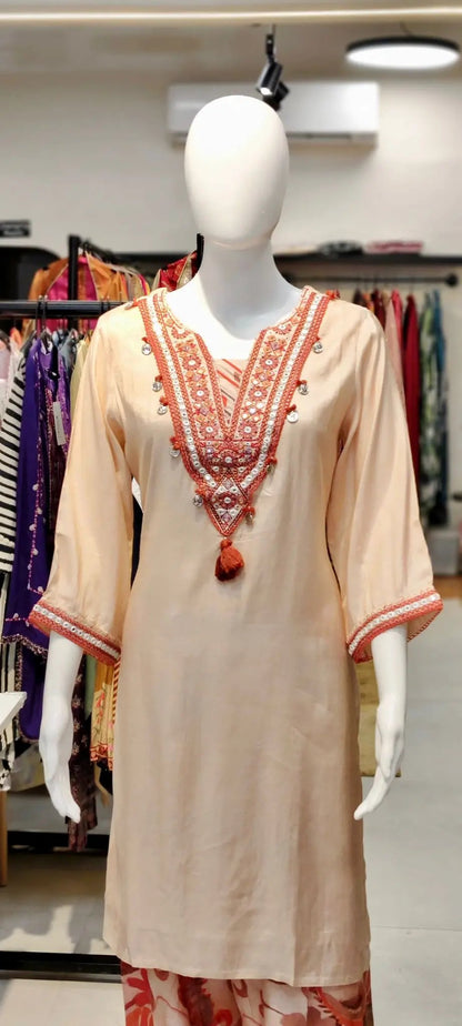 Butter Muslin Farshi Salwar Set with Boho Neck Embroidery & Digital Print Dupatta Reyshaa