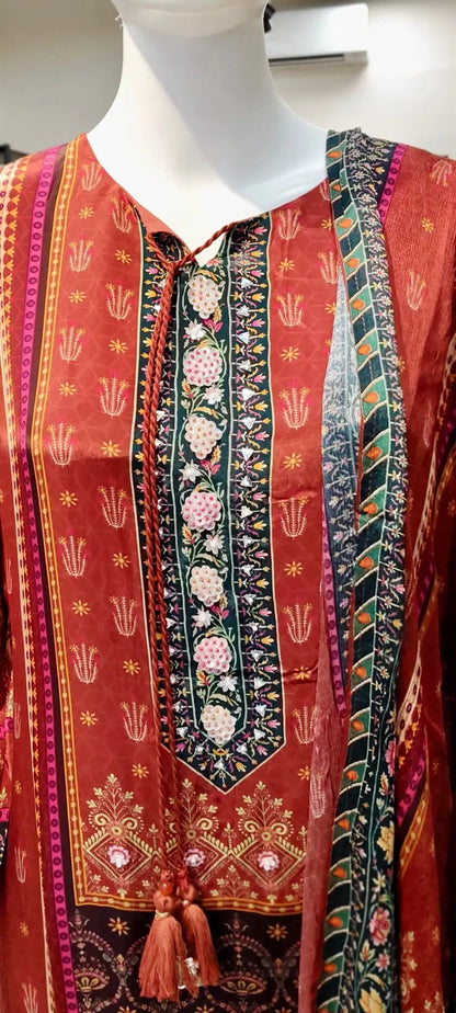 Pure Crepe Ethnic Print Suit Set with All-Over Cut-Dana Embroidery & Tassel Sleeves Reyshaa