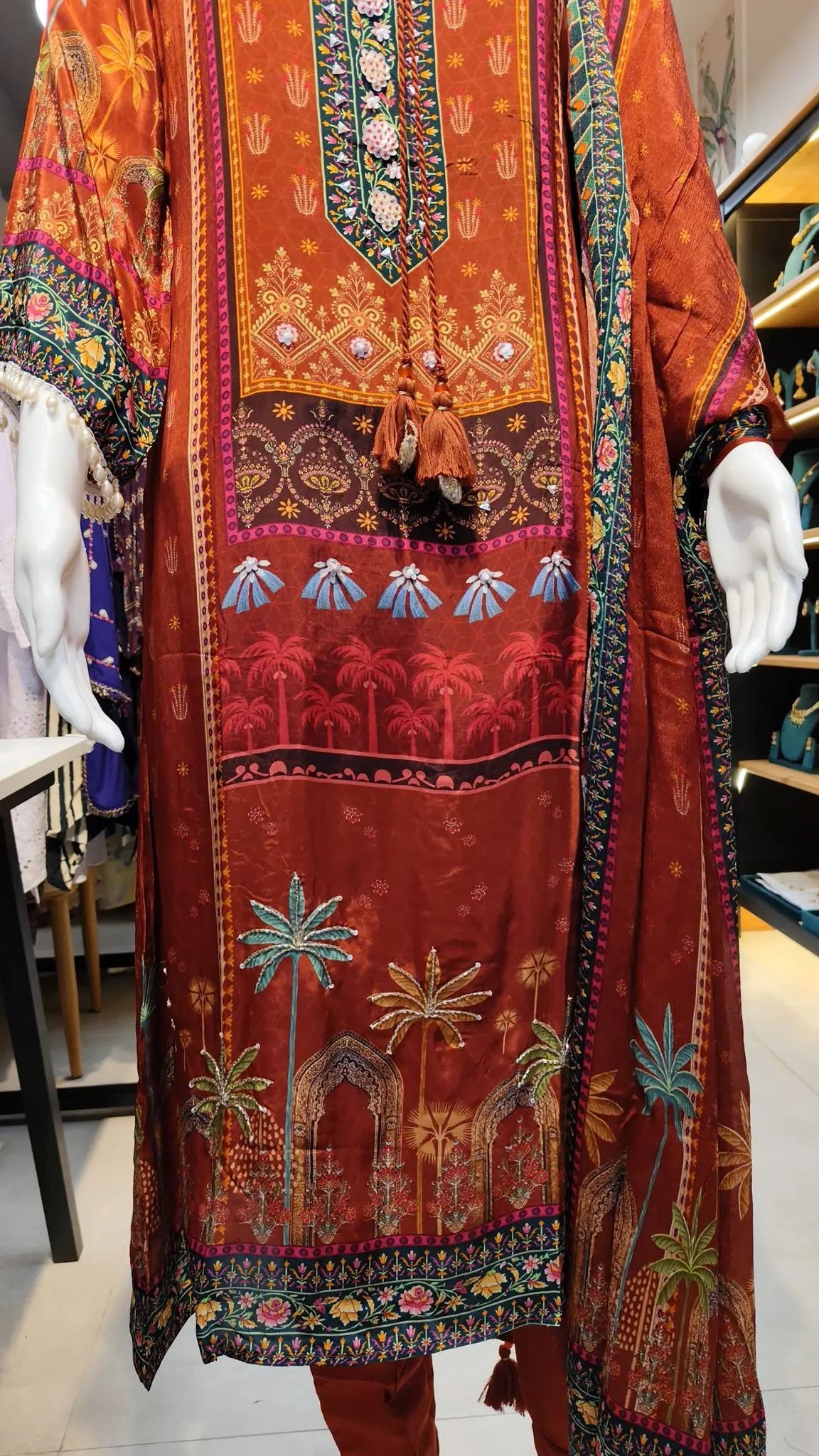 Pure Crepe Ethnic Print Suit Set with All-Over Cut-Dana Embroidery & Tassel Sleeves Reyshaa