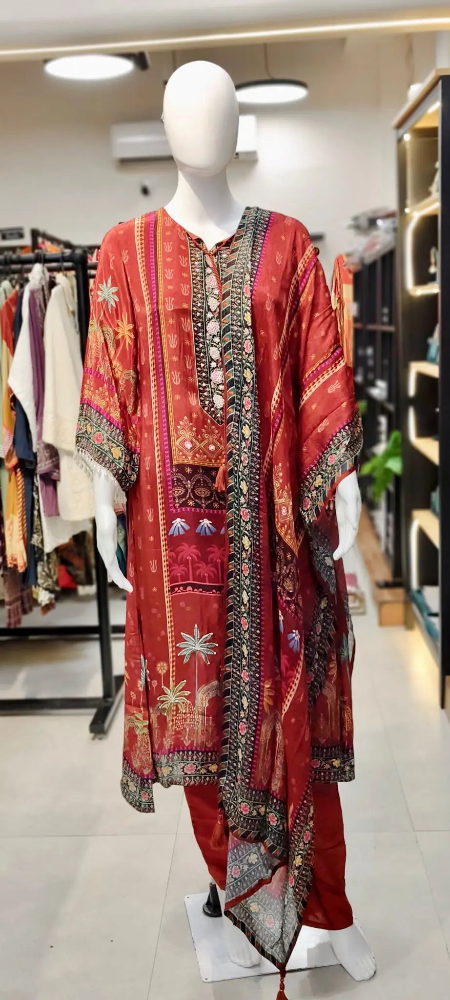 Pure Crepe Ethnic Print Suit Set with All-Over Cut-Dana Embroidery & Tassel Sleeves Reyshaa