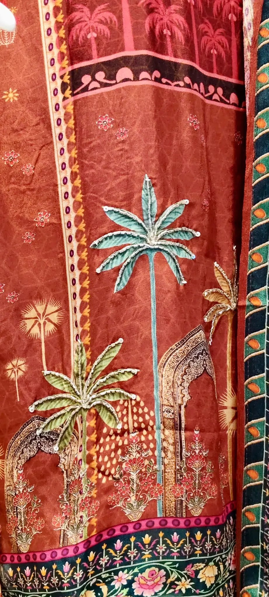 Pure Crepe Ethnic Print Suit Set with All-Over Cut-Dana Embroidery & Tassel Sleeves Reyshaa