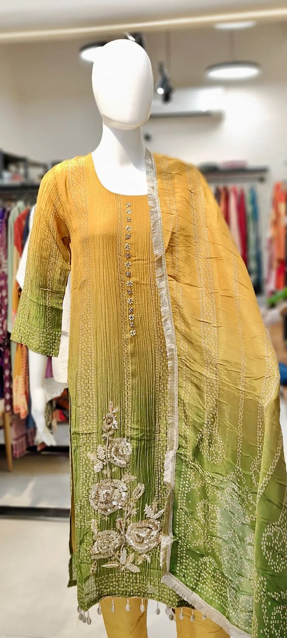 Ombre Bandhani Suit Set with Aari & Moti Embellished Kurta and Fringed Lace Dupatta Reyshaa