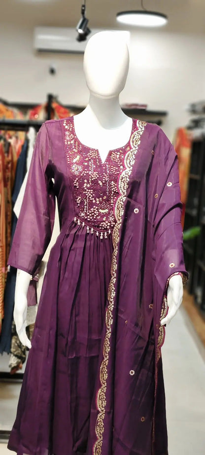 Pure Organza Silk A-Line Gathered Set with French-Knots Neck Panel & Scalloped Sequin Dupatta Reyshaa