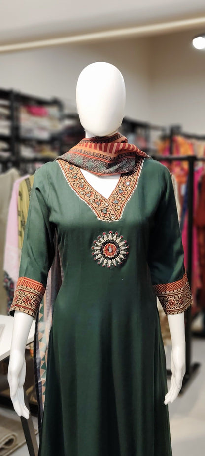 Rayon Flowy Ajrakh Print A-Line Suit Set with Thread Embroidery Reyshaa