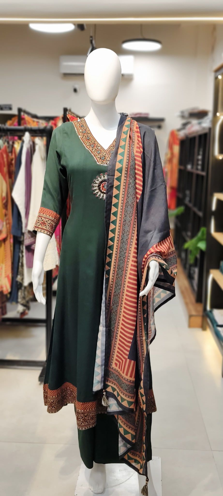 Rayon Flowy Ajrakh Print A-Line Suit Set with Thread Embroidery Reyshaa