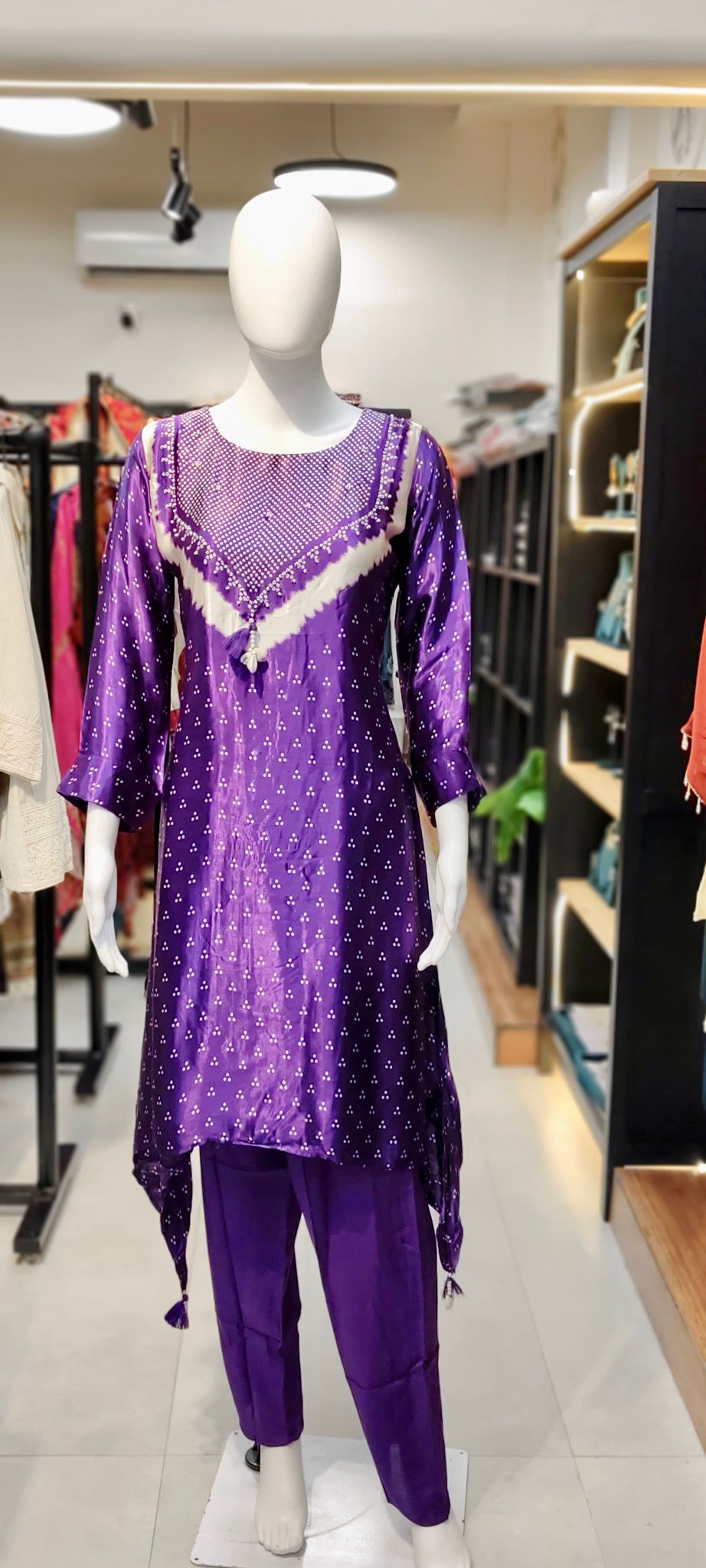 Gajji Silk Bandhani Two-Piece Co-ord Set with Boho Neckline & Tassel Accents Reyshaa