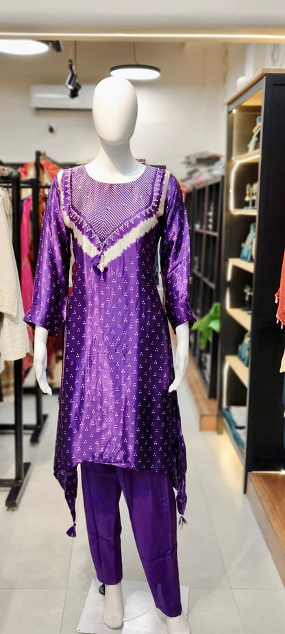 Gajji Silk Bandhani Two-Piece Co-ord Set with Boho Neckline & Tassel Accents Reyshaa