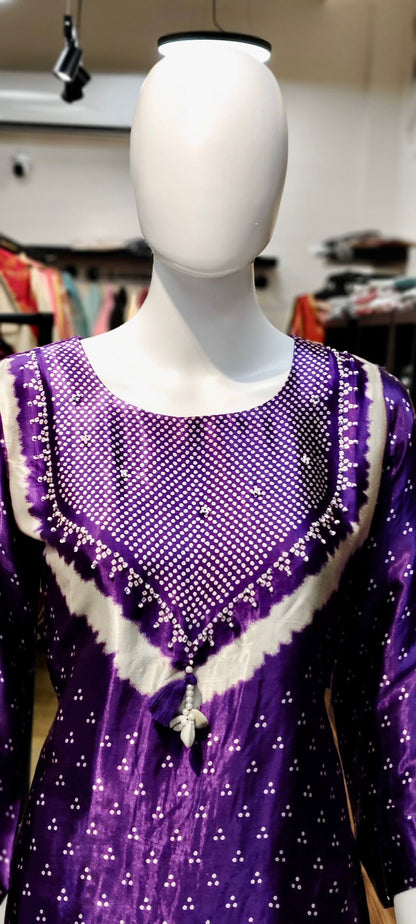 Gajji Silk Bandhani Two-Piece Co-ord Set with Boho Neckline & Tassel Accents Reyshaa