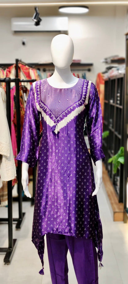 Gajji Silk Bandhani Two-Piece Co-ord Set with Boho Neckline & Tassel Accents Reyshaa