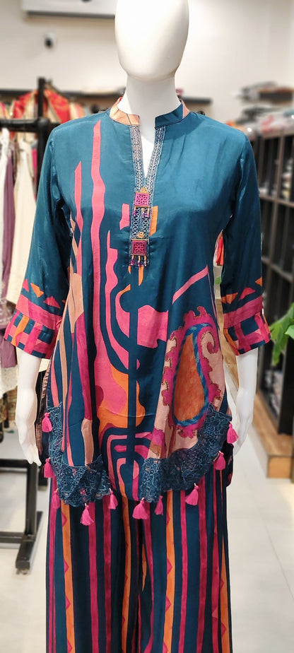 Premium Italian Cotton Abstract Co-ord Set with Crochet Lace & Boho Tassel Highlighting Reyshaa