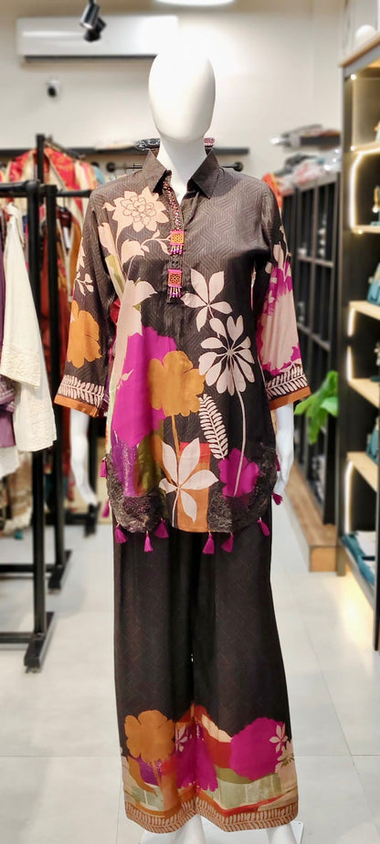 Premium Italian Cotton Abstract Co-ord Set with Crochet Lace & Boho Tassel Highlighting (Brown–Magenta Variant) Reyshaa