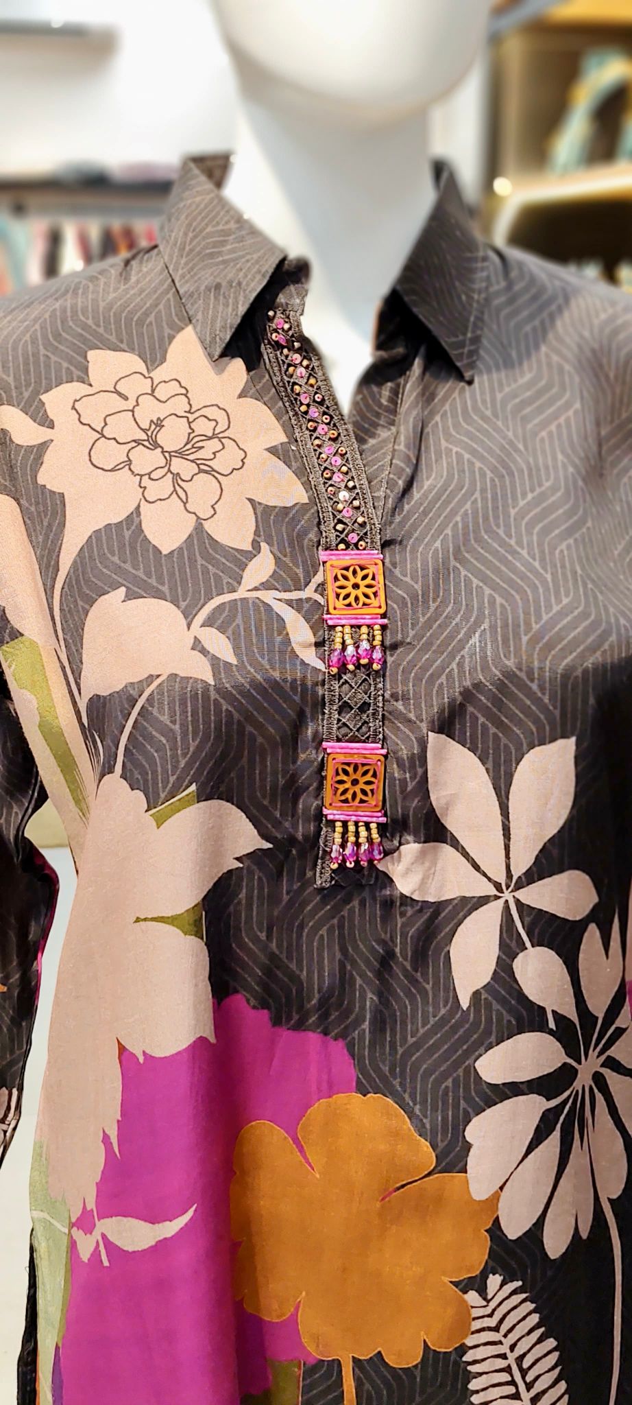 Premium Italian Cotton Abstract Co-ord Set with Crochet Lace & Boho Tassel Highlighting (Brown–Magenta Variant) Reyshaa