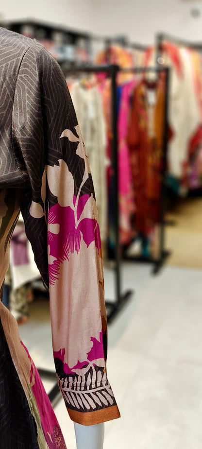 Premium Italian Cotton Abstract Co-ord Set with Crochet Lace & Boho Tassel Highlighting (Brown–Magenta Variant) Reyshaa