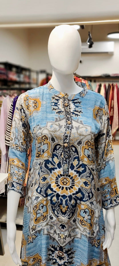 Natural Crepe Turkish Digital Print Co-ord Set with Embellished Long Tunic & Printed Palazzo Pants Reyshaa