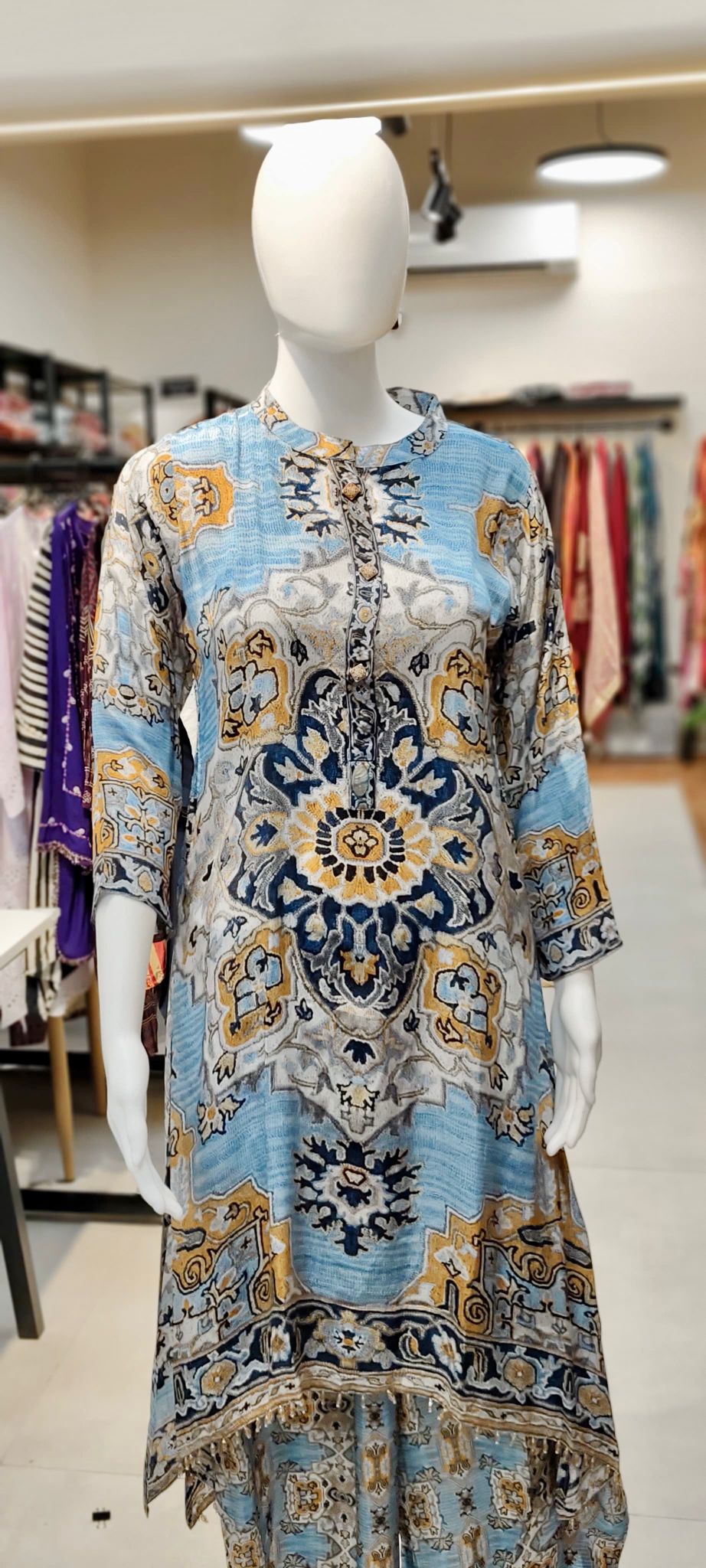 Natural Crepe Turkish Digital Print Co-ord Set with Embellished Long Tunic & Printed Palazzo Pants Reyshaa