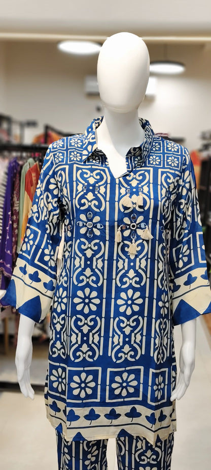 Pure Silk Modern Ajrakh Collared Shirt Co-ord with Real Mirrors & Thread Tassel Embellishment Reyshaa
