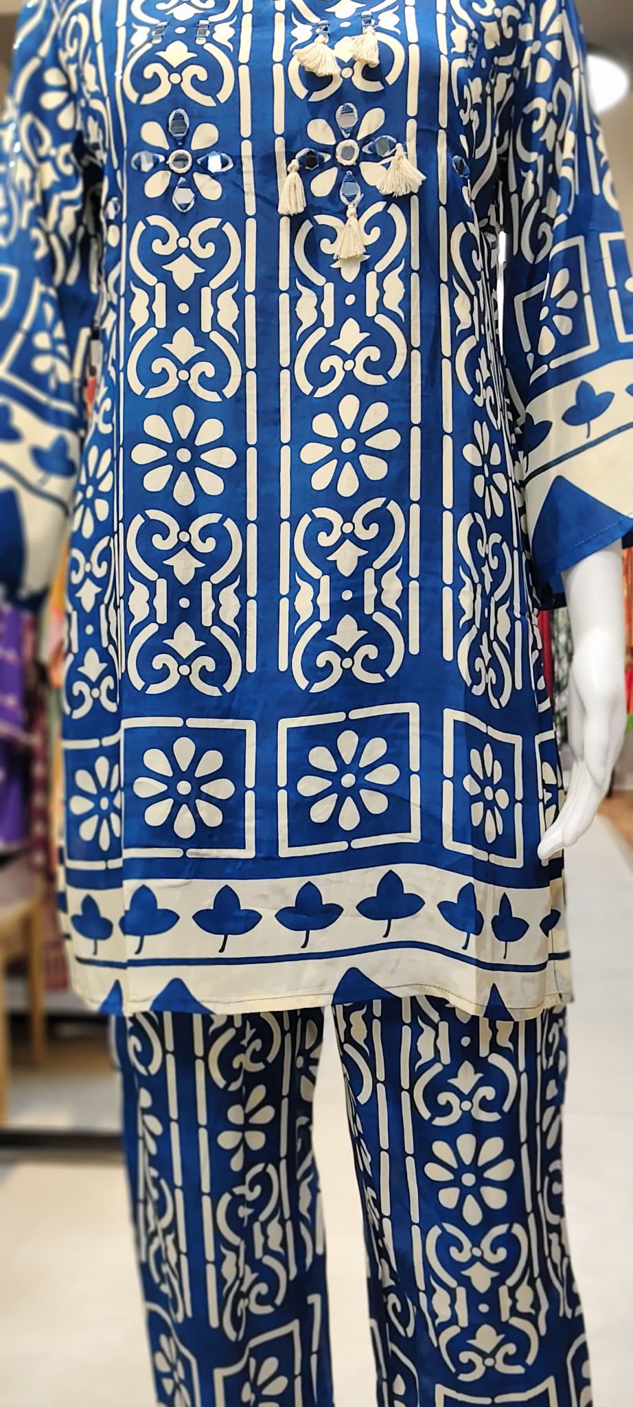 Pure Silk Modern Ajrakh Collared Shirt Co-ord with Real Mirrors & Thread Tassel Embellishment Reyshaa