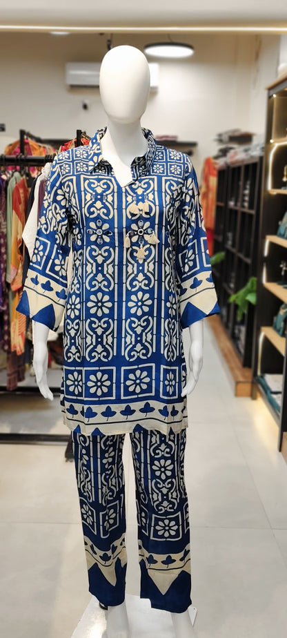 Pure Silk Modern Ajrakh Collared Shirt Co-ord with Real Mirrors & Thread Tassel Embellishment Reyshaa