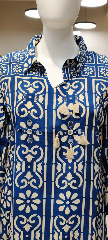 Pure Silk Modern Ajrakh Collared Shirt Co-ord with Real Mirrors & Thread Tassel Embellishment Reyshaa