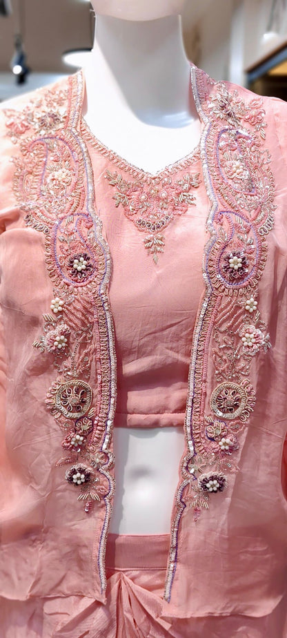 Drape Skirt Indo-Western Set with Cut-Dana Hand Embroidered Organza Jacket & Padded-Sleeve Blouse Reyshaa