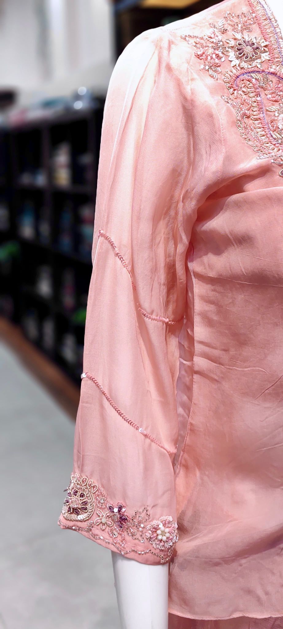 Drape Skirt Indo-Western Set with Cut-Dana Hand Embroidered Organza Jacket & Padded-Sleeve Blouse Reyshaa