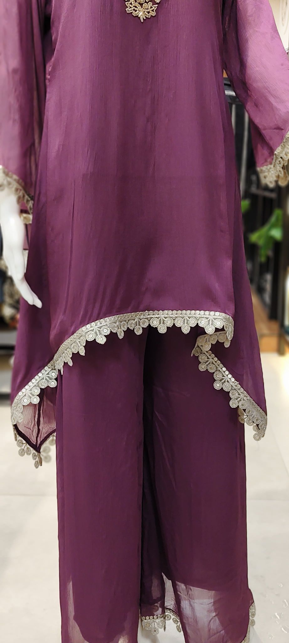 Pure Chinon Hand-Embroidered Sharara Set with Scalloped Lace Finish Reyshaa