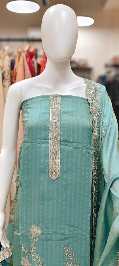 Striped Silk Unstitched Suit with Heavy Floral Embroidery Reyshaa