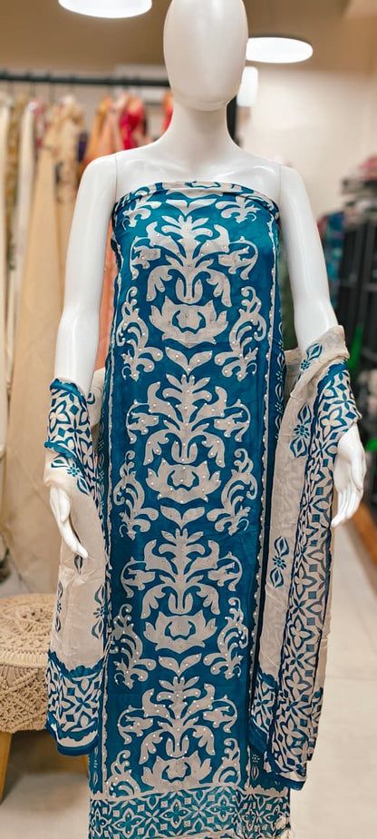 Designer Organza Pearl Work Dress material tassels Reyshaa