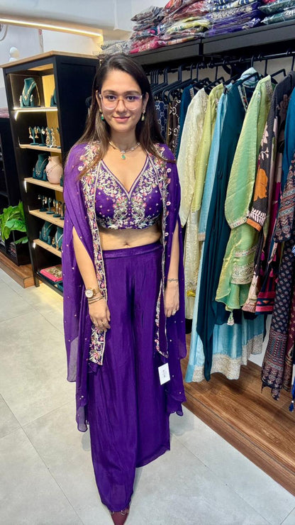 Chinon sharara hand Embroidered bustier blouse and flowy hand Embroidered cape Indo Western Reyshaa