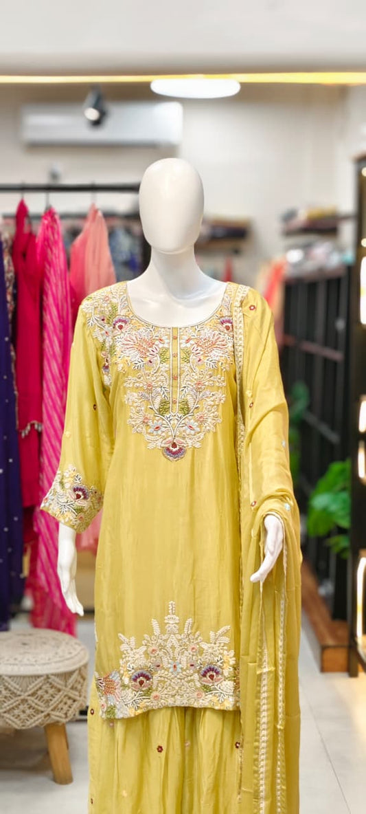 Yellow Embroidered Pakistani sharara set Reyshaa