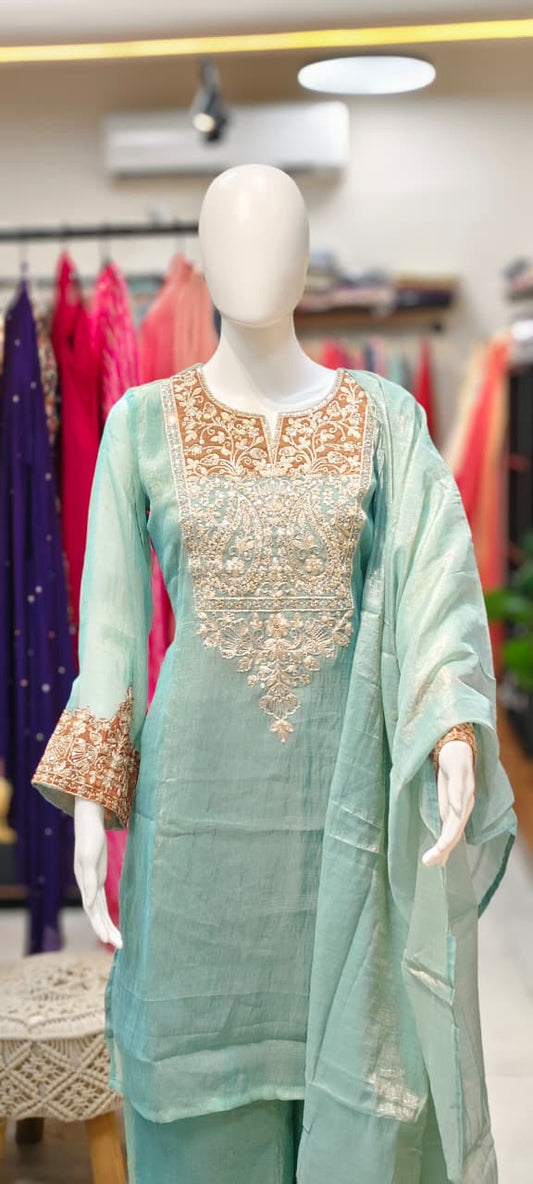 Crush Tissue shimmer heavy embroidered heavy short kurti with plazzo pants and dupatta Reyshaa