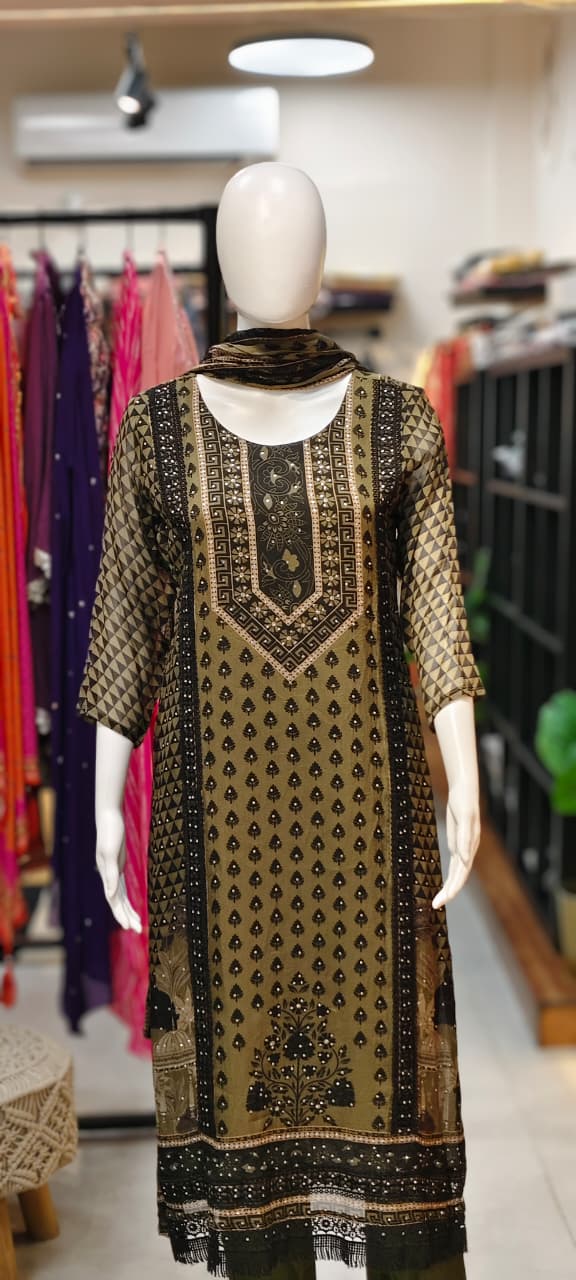 Pure organza embellished suit set with crochet lace Reyshaa