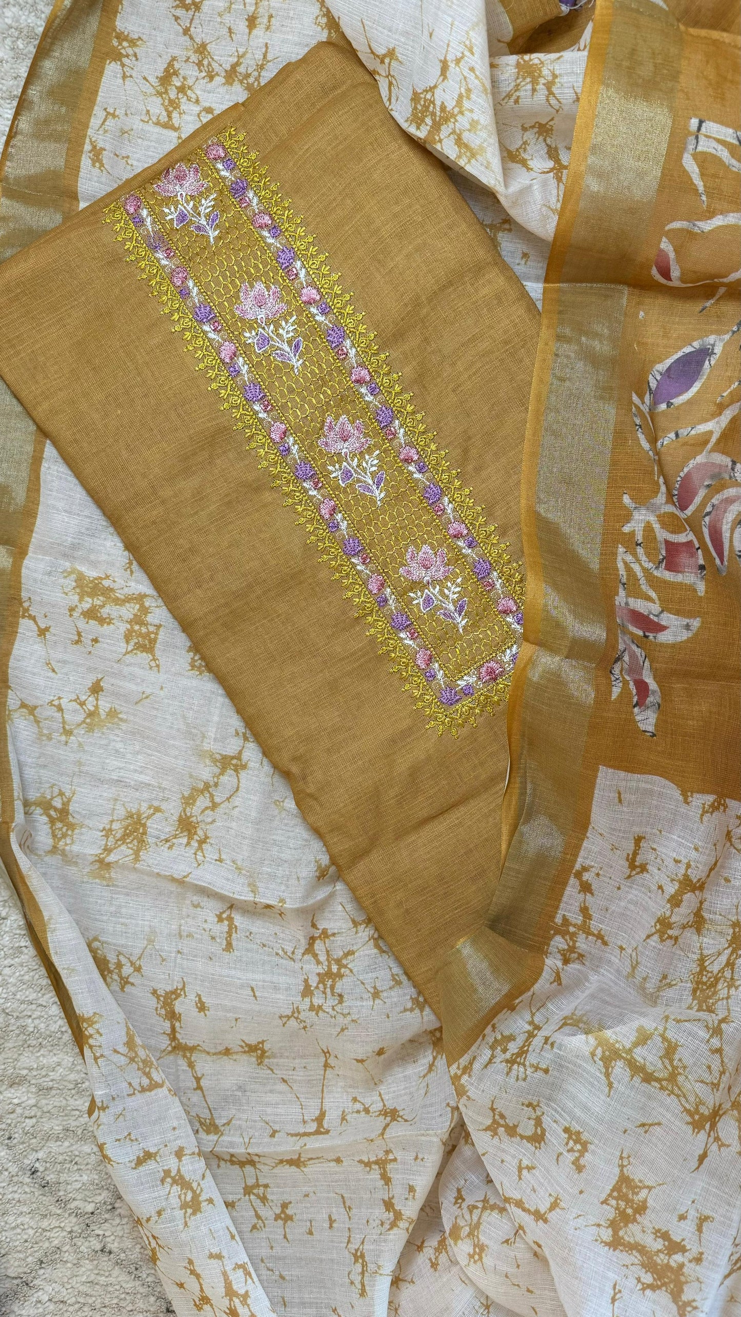 Yellow Women Pure Linen Yellow Batik Suit Dress Material