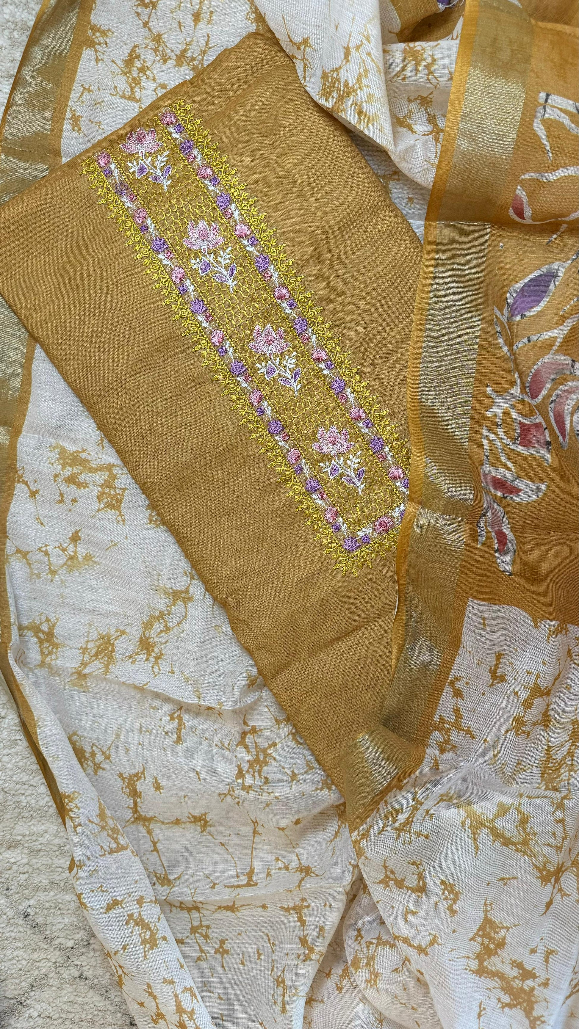 Yellow Women Pure Linen Yellow Batik Suit Dress Material