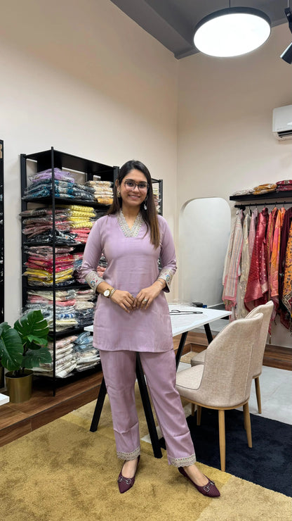 Muslin Lavender Embroidered Co-Ord Set Reyshaa