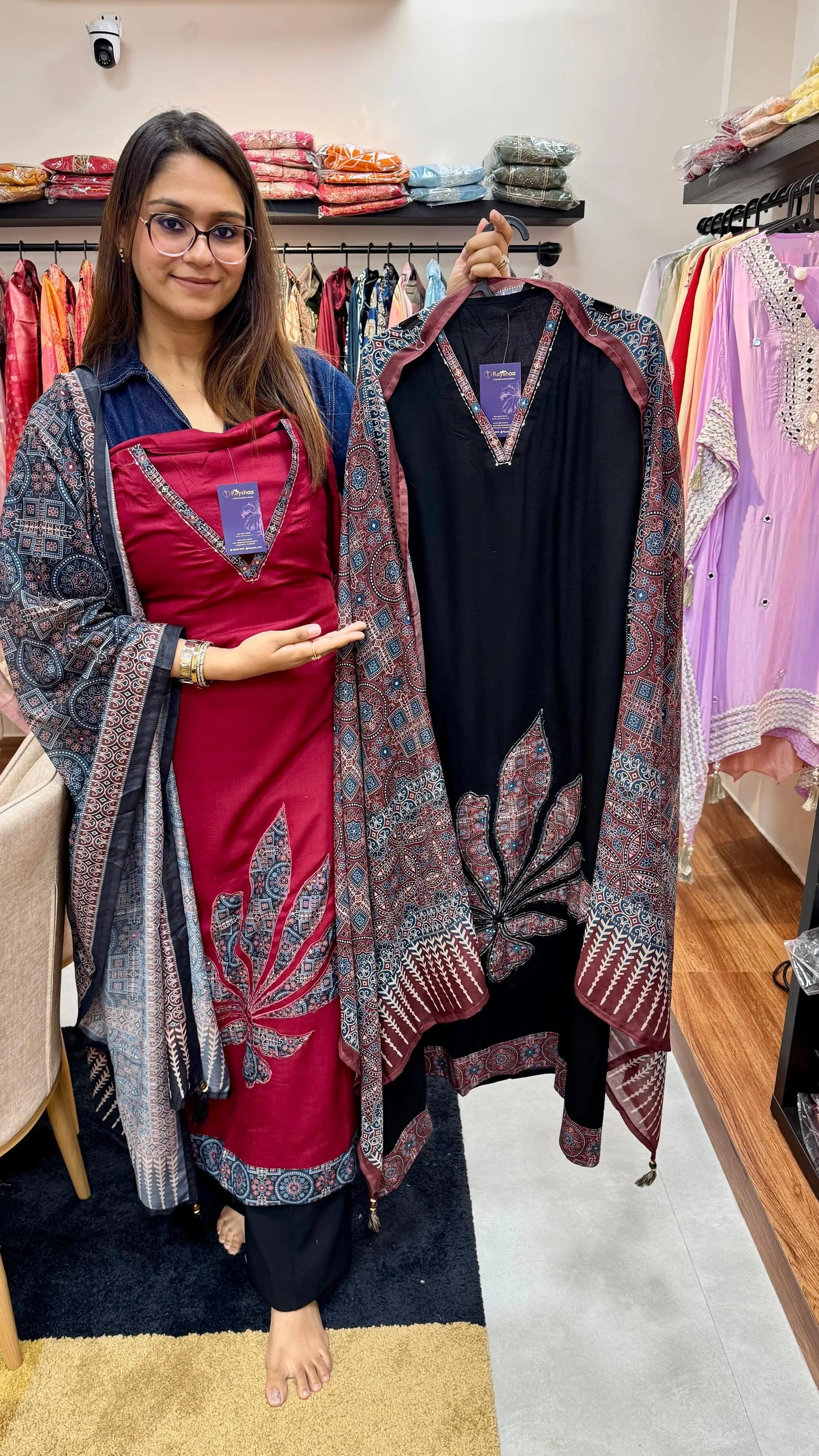 Rayon V-Neck Ajrakh Appliqué Dress Material with Dupatta Reyshaa