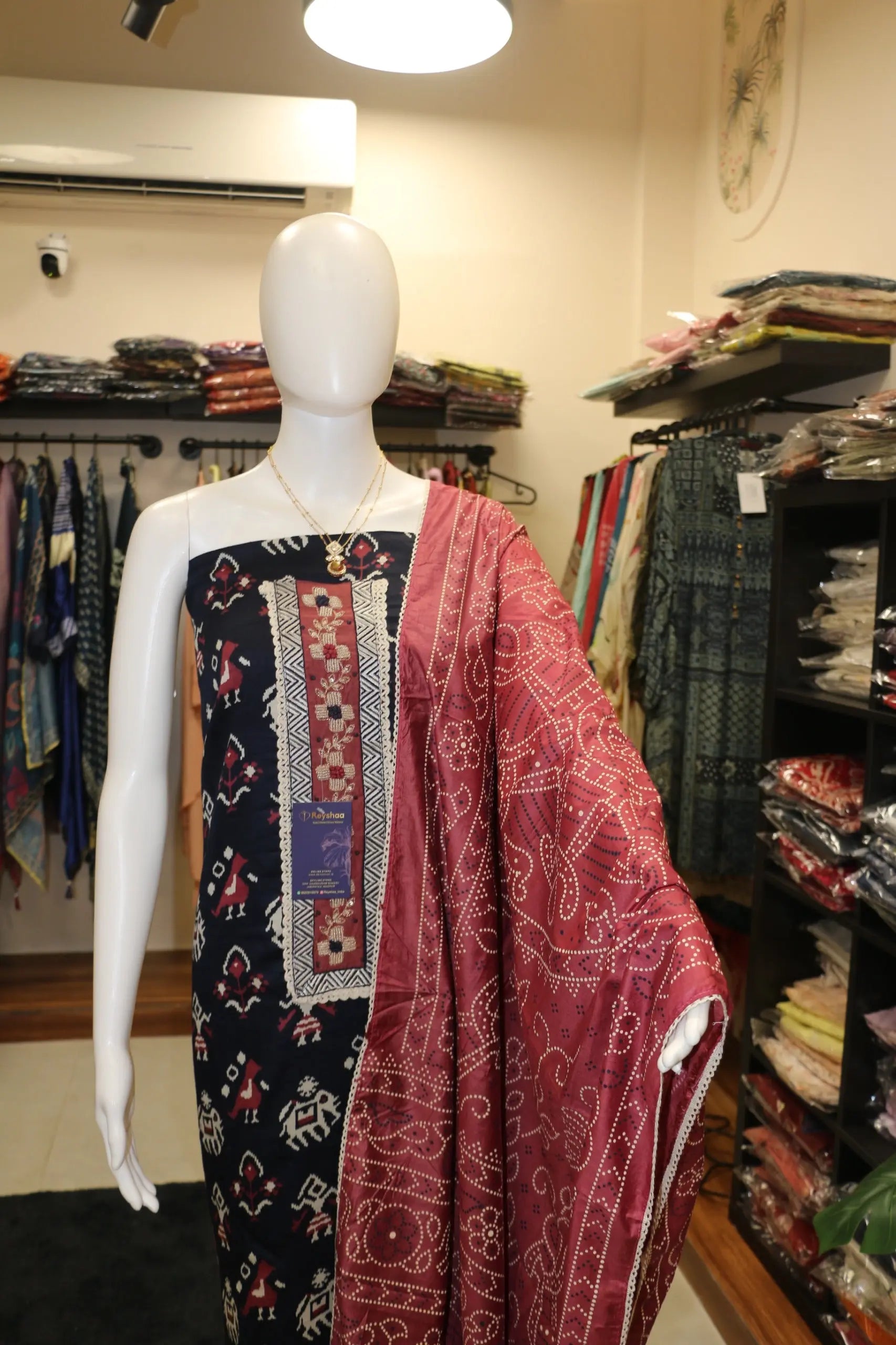 Worli Print Jaam Cotton Hand-Embroidered Suit Set with Bandhani Dupatta Reyshaa