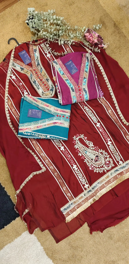 Maroon Regal Suit with Handcrafted Borders Reyshaa