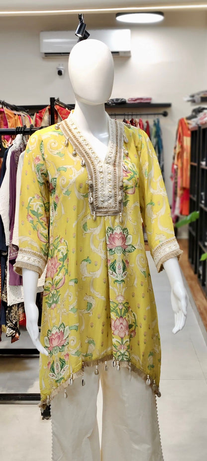 Khaadi Silk Lotus-Print Co-ord Set with Crochet & Shell Highlights and Bell-Bottom Pants Reyshaa