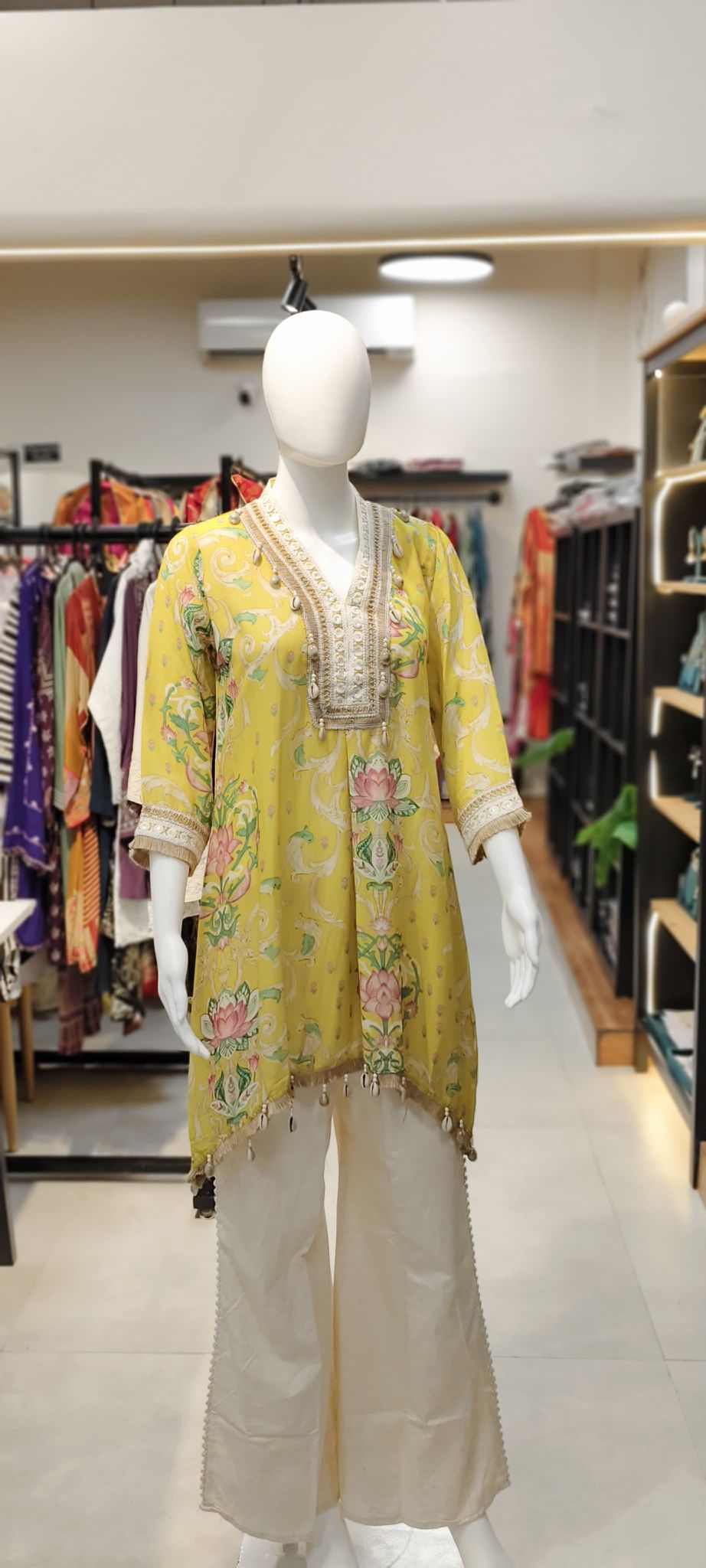 Khaadi Silk Lotus-Print Co-ord Set with Crochet & Shell Highlights and Bell-Bottom Pants Reyshaa