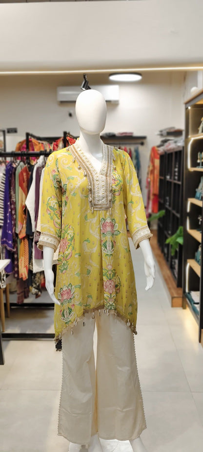 Khaadi Silk Lotus-Print Co-ord Set with Crochet & Shell Highlights and Bell-Bottom Pants Reyshaa