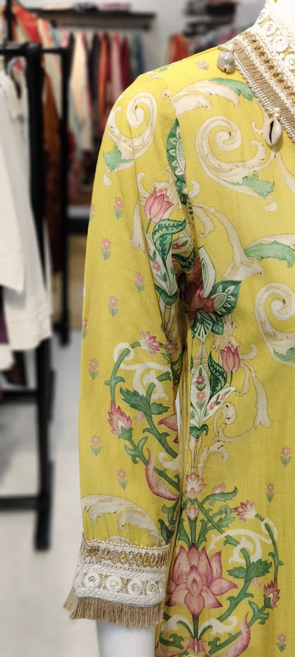 Khaadi Silk Lotus-Print Co-ord Set with Crochet & Shell Highlights and Bell-Bottom Pants Reyshaa