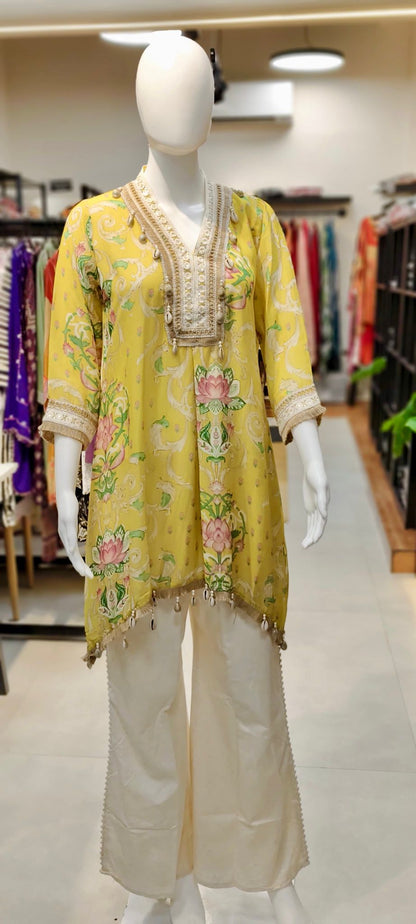 Khaadi Silk Lotus-Print Co-ord Set with Crochet & Shell Highlights and Bell-Bottom Pants Reyshaa