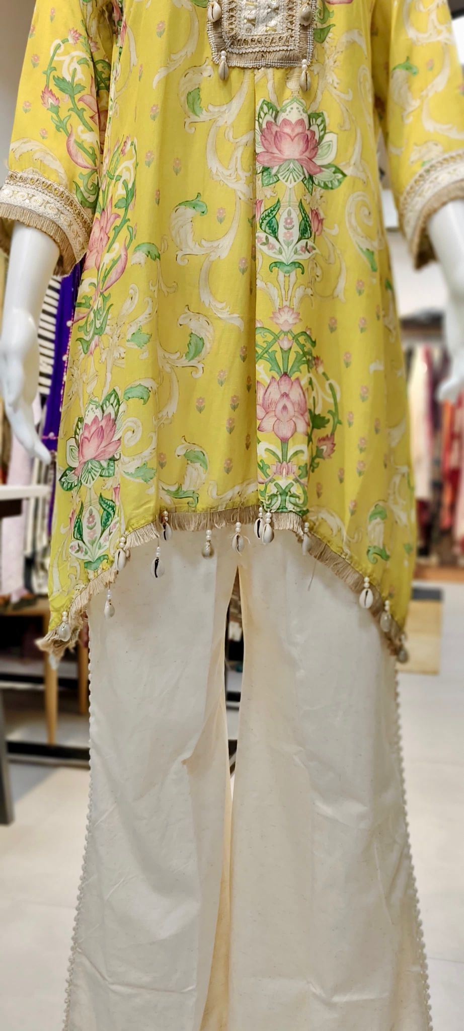 Khaadi Silk Lotus-Print Co-ord Set with Crochet & Shell Highlights and Bell-Bottom Pants Reyshaa