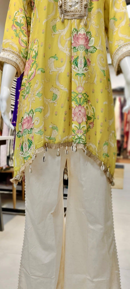 Khaadi Silk Lotus-Print Co-ord Set with Crochet & Shell Highlights and Bell-Bottom Pants Reyshaa