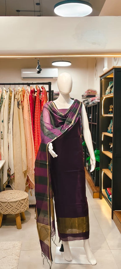 Handwoven Maheshwari Silk Dress Material with Zari Border & Checked Dupatta Reyshaa
