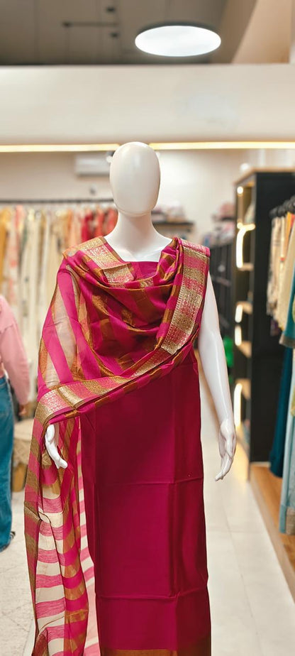 Handwoven Maheshwari Silk Dress Material with Zari Border & Checked Dupatta Reyshaa