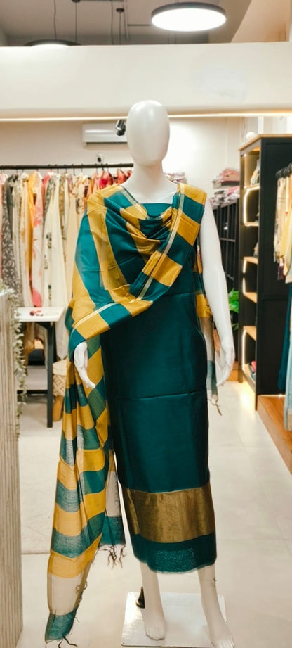 Handwoven Maheshwari Silk Dress Material with Zari Border & Checked Dupatta Reyshaa