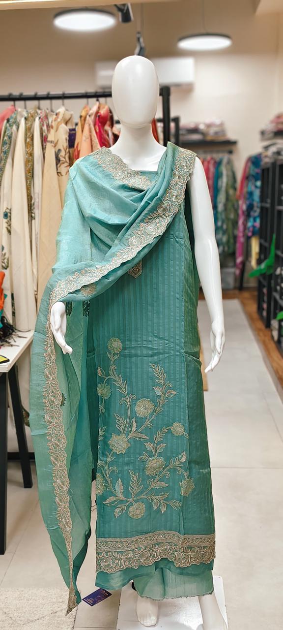 Striped Silk Unstitched Suit with Heavy Floral Embroidery Reyshaa